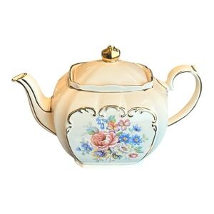 Vintage 1940s Sadler England Cube Teapot Pink Yellow Blue Roses Gold Trim #2997